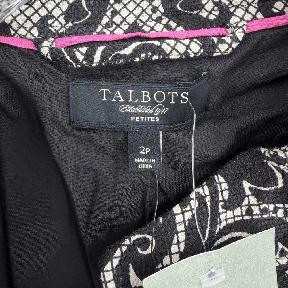 Talbots NEW Petite Black White Cotton Damask Blazer Professional Work Jacket